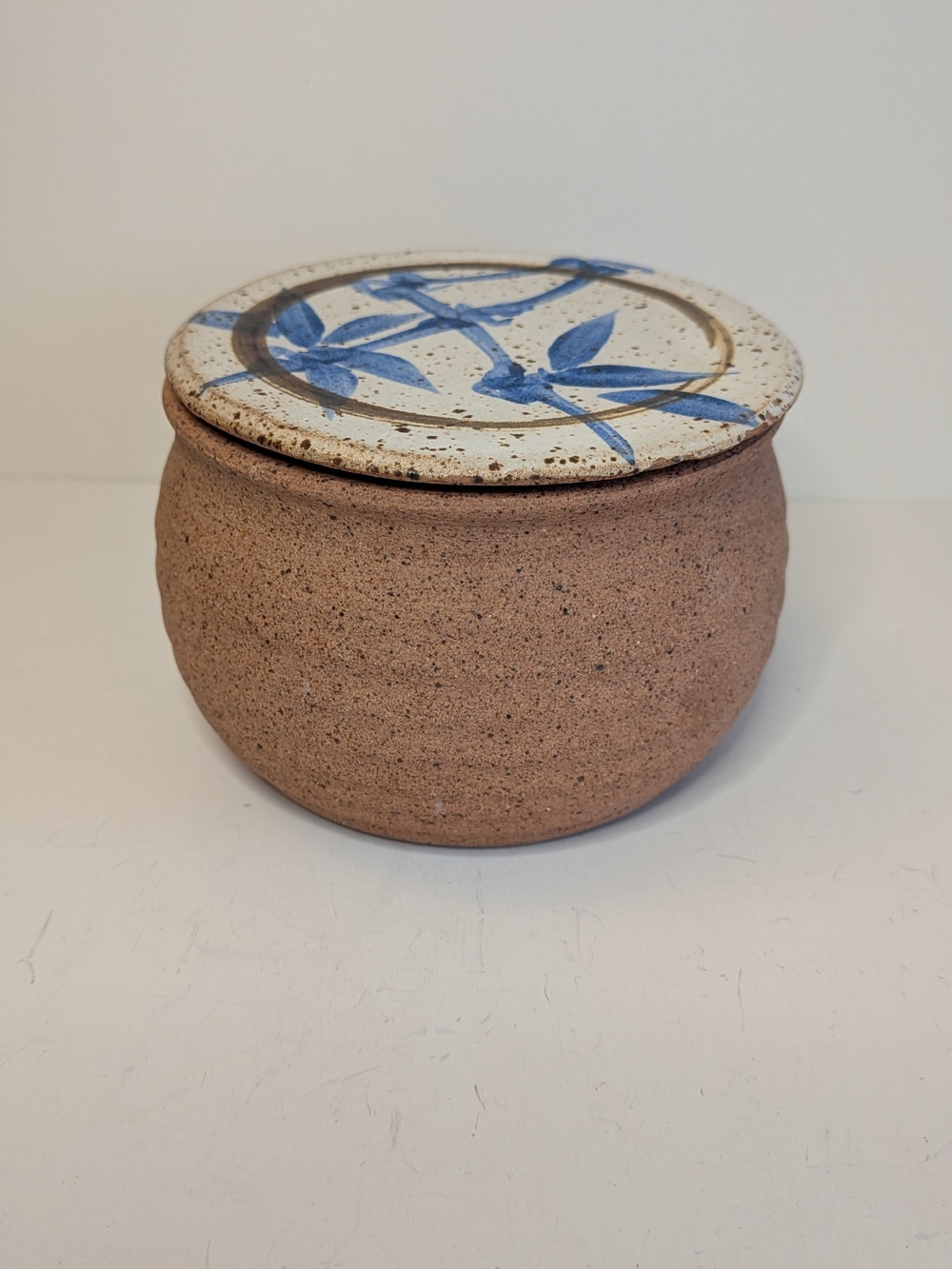 Studio Pottery French Butter Keeper Dish Hand Painted Bamboo Design Wheel Thrown